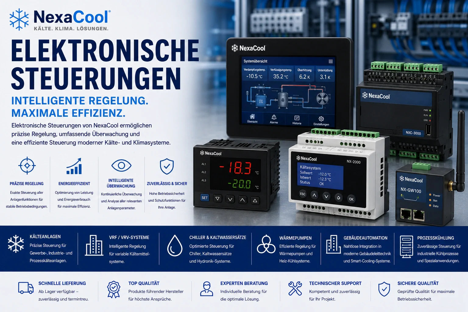 Elektronische Steuerungen für professionelle Kälteanlagen und Industriekälte von NexaCool