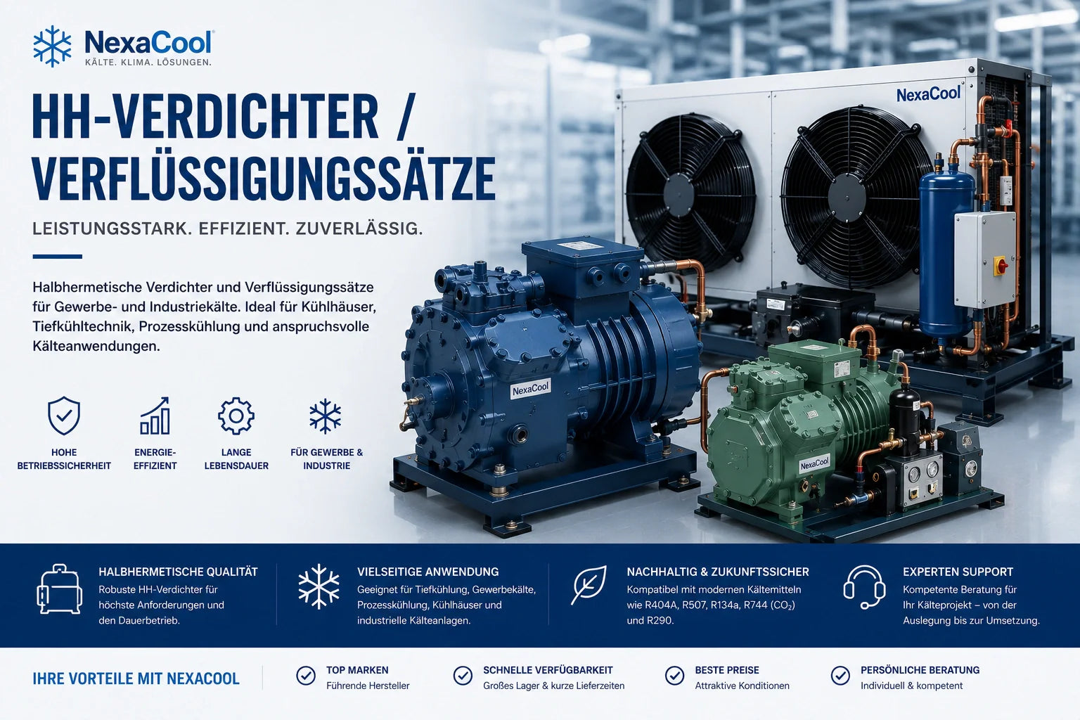 HH-Verdichter und Verflüssigungssätze für Gewerbe- und Industriekälte von NexaCool