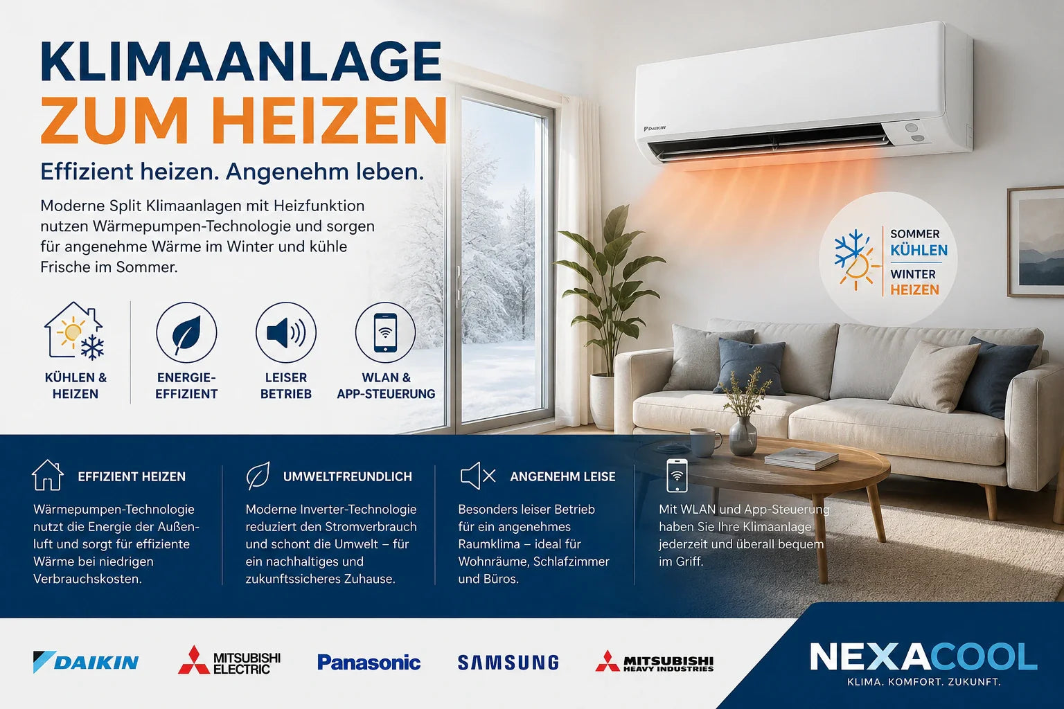 Klimaanlage zum Heizen mit moderner Wärmepumpen-Technologie für energieeffizientes Heizen und Kühlen