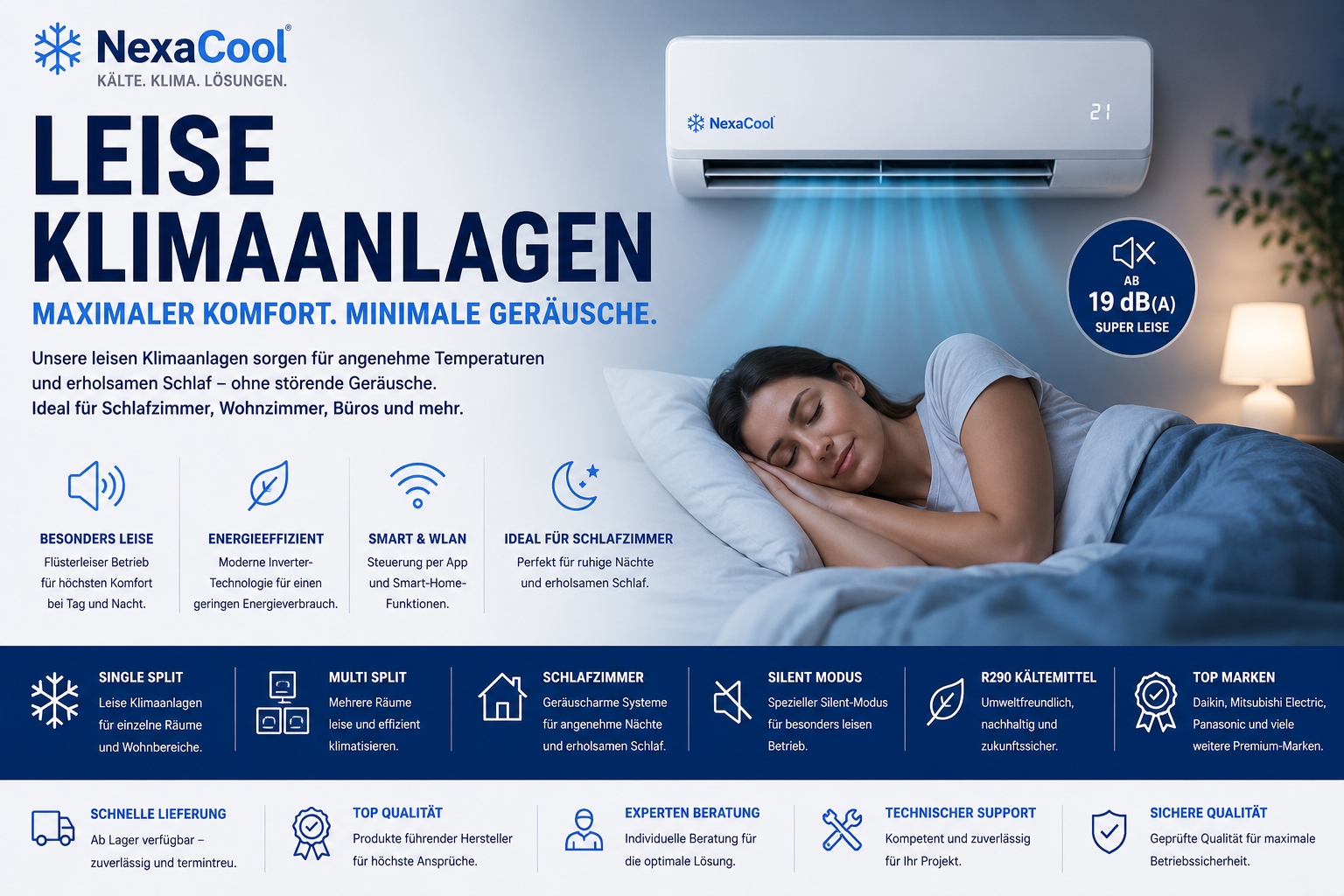 Leise Klimaanlagen von NexaCool für Schlafzimmer, Wohnzimmer und Büros mit energieeffizienter Inverter-Technologie und Silent-Modus