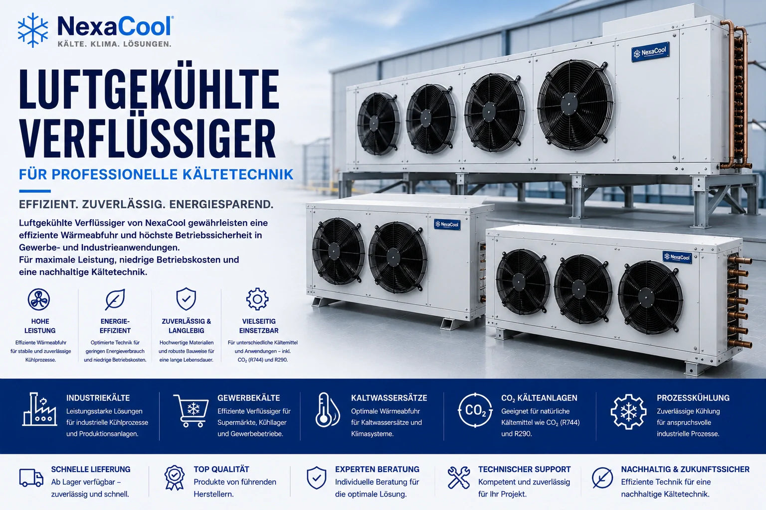 Luftgekühlte Verflüssiger für professionelle Kältetechnik von NexaCool – energieeffiziente Verflüssigersysteme für Industriekälte, Gewerbekälte und moderne Kühlsysteme.