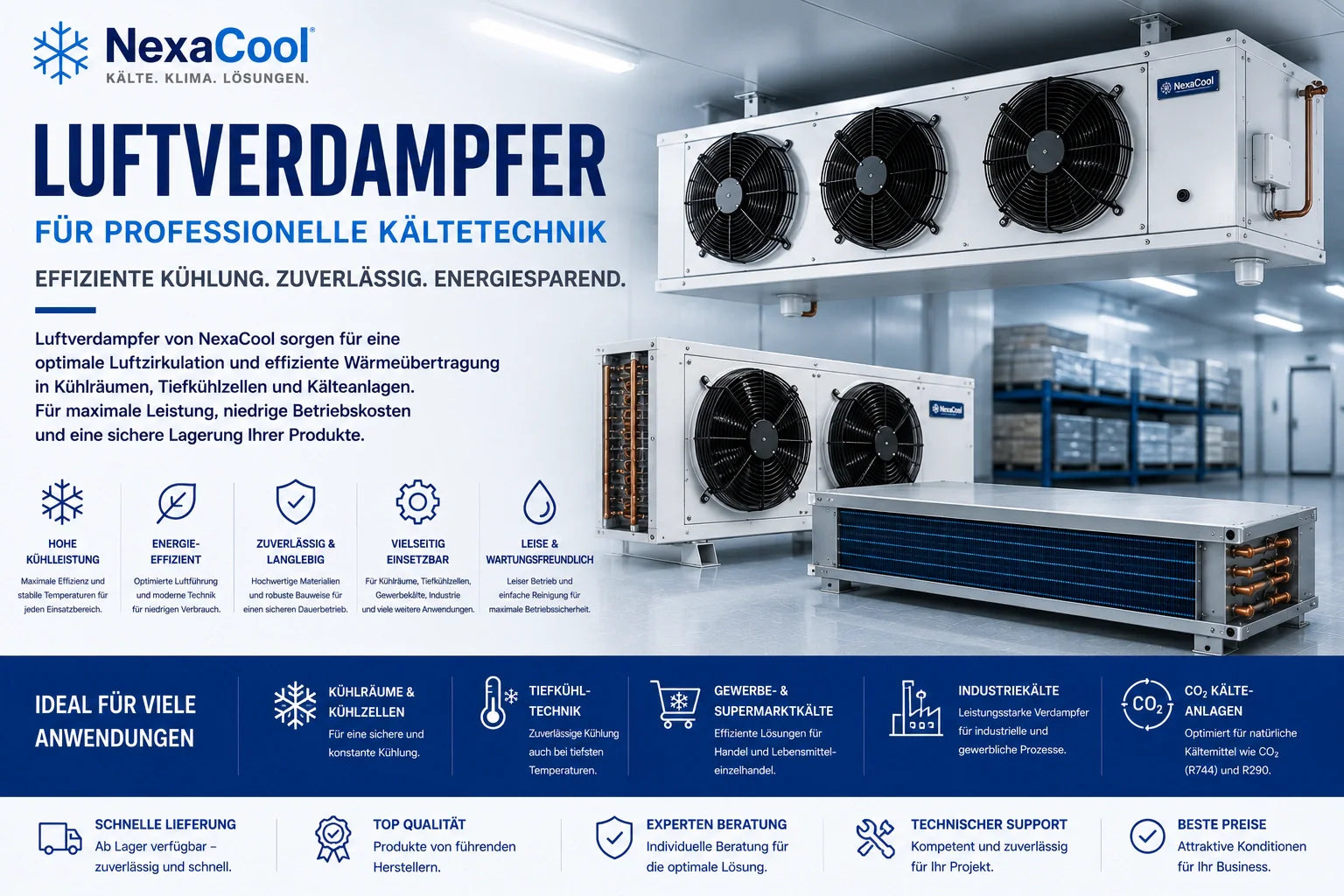 Luftverdampfer für professionelle Kältetechnik von NexaCool – energieeffiziente Verdampfersysteme für Kühlräume, Gewerbekälte und Industriekälte.