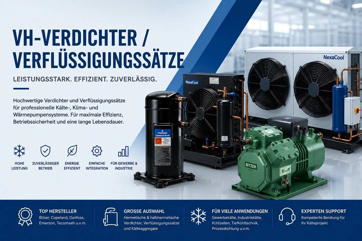 VH-Verdichter und Verflüssigungssätze für professionelle Kältetechnik, Gewerbekälte und industrielle Kühlsysteme von NexaCool