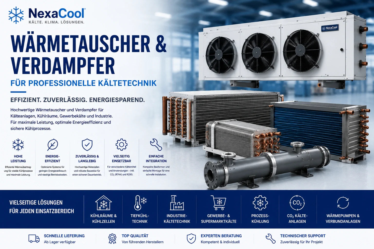 Wärmetauscher und Verdampfer für professionelle Kältetechnik von NexaCool – Industrie Verdampfer, Luftkühler und Wärmetauschersysteme für Gewerbekälte und CO₂ Anlagen.