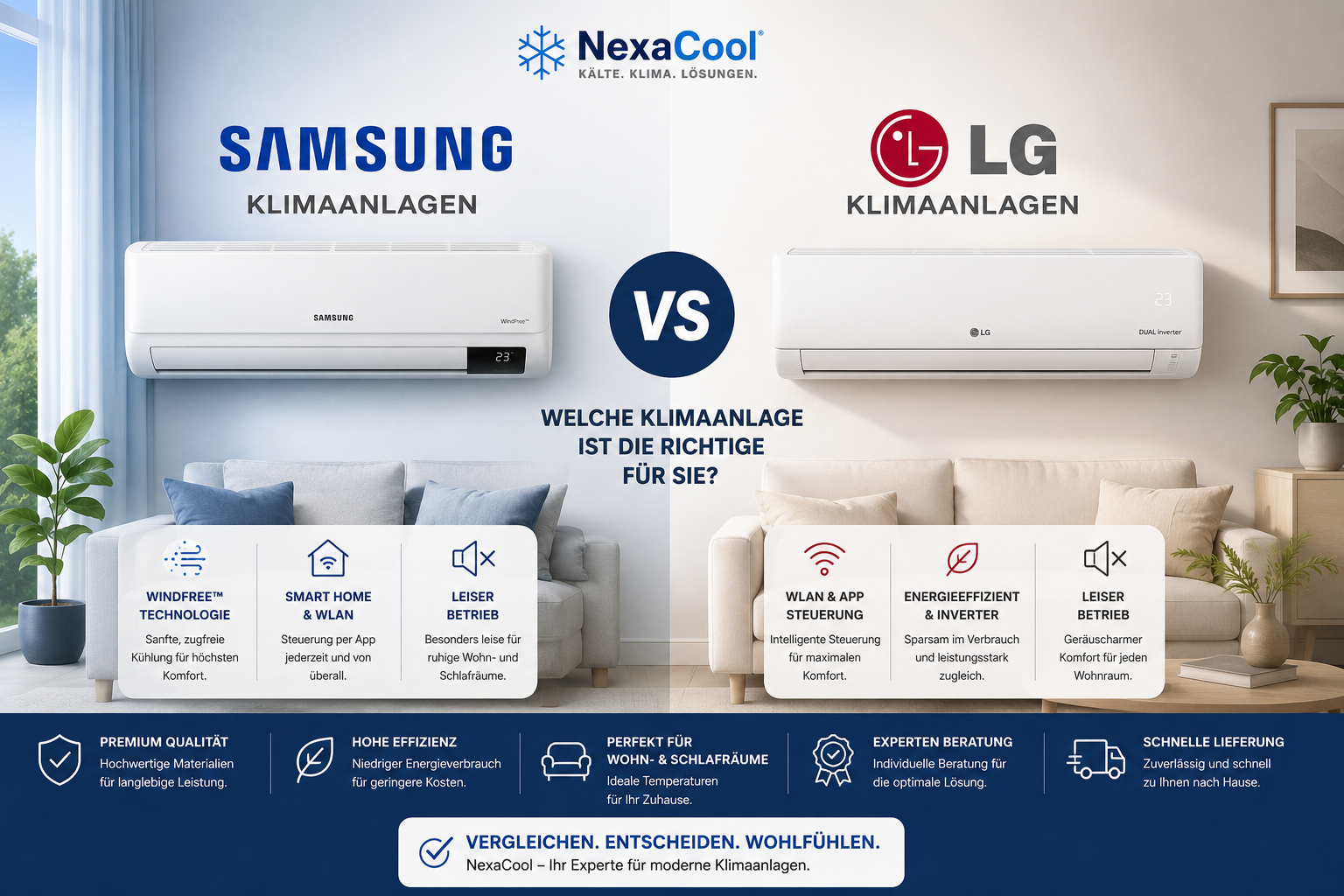 Vergleich von Samsung und LG Klimaanlagen mit WLAN, Smart Home, leisem Betrieb und energieeffizienter Inverter-Technologie bei NexaCool