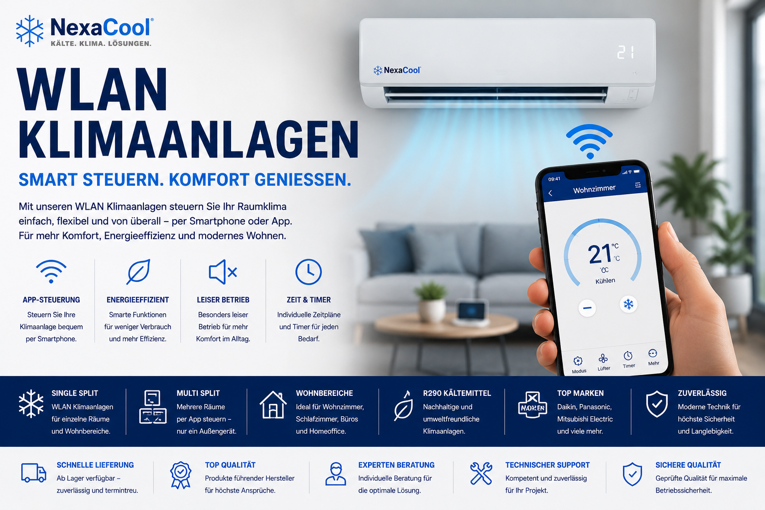 WLAN Klimaanlagen mit App-Steuerung und Smart-Home-Funktionen von NexaCool für Schlafzimmer, Wohnzimmer und moderne Wohnräume