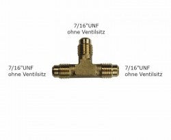 Schraubfitting T-Stück, 3 x 1/4""SAE/7/16"" UNF o. Schrader
