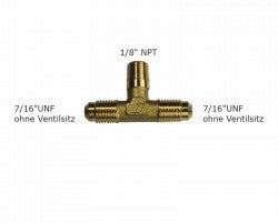 Schraubfitting T-Stück, 2 x 1/4""SAE/7/16""UNF,1x1/8""NPT o. Schrader