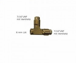 Schrader T-Stück, 6mm Löt, 2 x 7/16 UNF m. Ventilsitz, o. Kappen u. Ventile