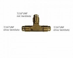 Schrader T-Stück, 3 x 7/16 UNF, 1x m. Ventilsitz,  o. Kappe u. Ventil