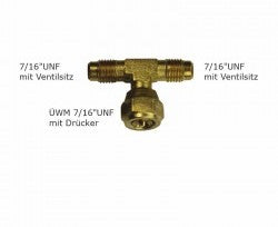Schrader T-Stück, 2 x 7/16 UNF m. Ventilsitz, 1x UWM m. Drücker,  o. Kappen u. Ventile